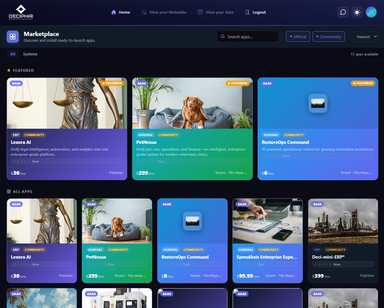 DeciCore screen: the marketplace of ready-to-launch apps
