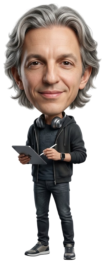 Cartoon of Tito Maya in a hoodie and jeans, headphones around his neck, sketching on a tablet